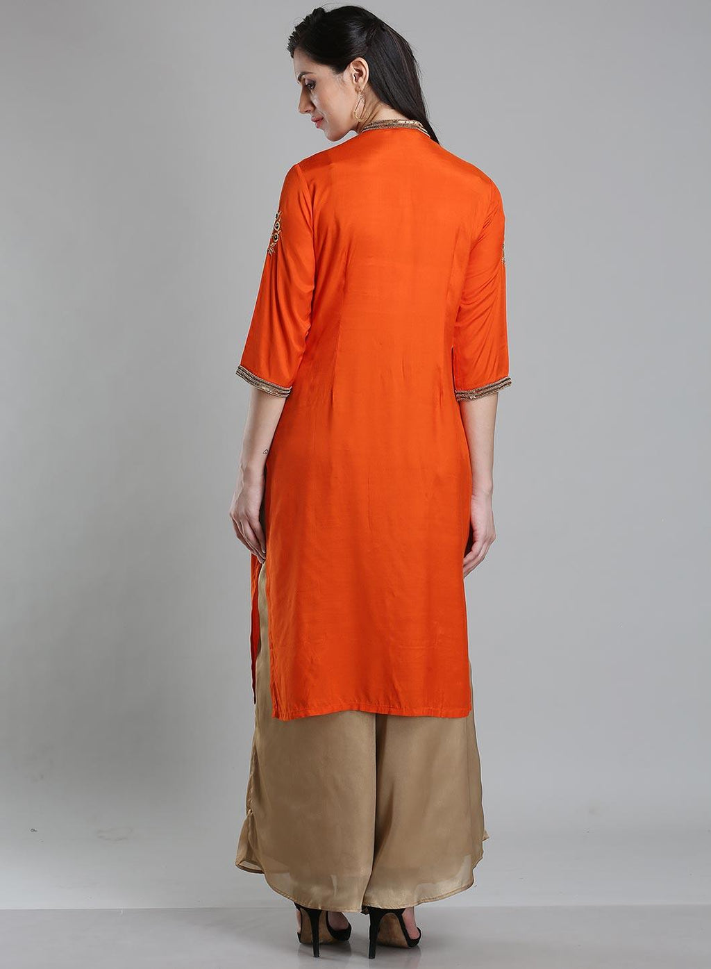 W for Woman Orange Solid Mandarin Neck kurta | Grocsy