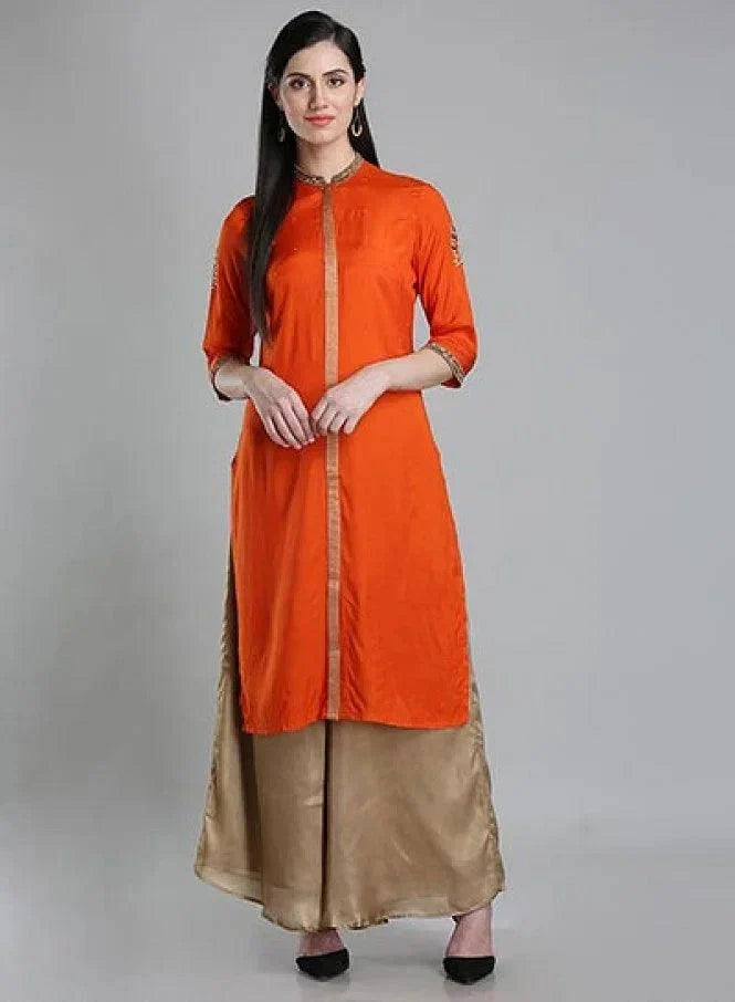 W for Woman Orange Solid Mandarin Neck kurta | Grocsy