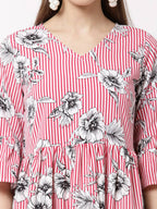 Myshka Women's Pink Poly Crepe Printed Bell Sleeve Round Neck Dress | Grocsy