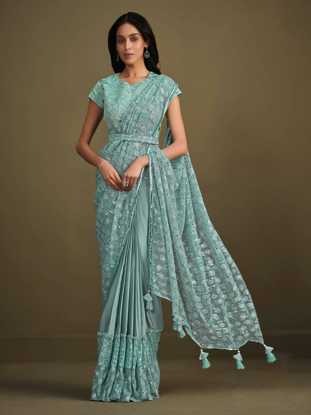 Light Blue Crepe Silk Sequence Embroidered With Texture Saree With Stitched Blouse - Mohmanthan La Belle | Grocsy