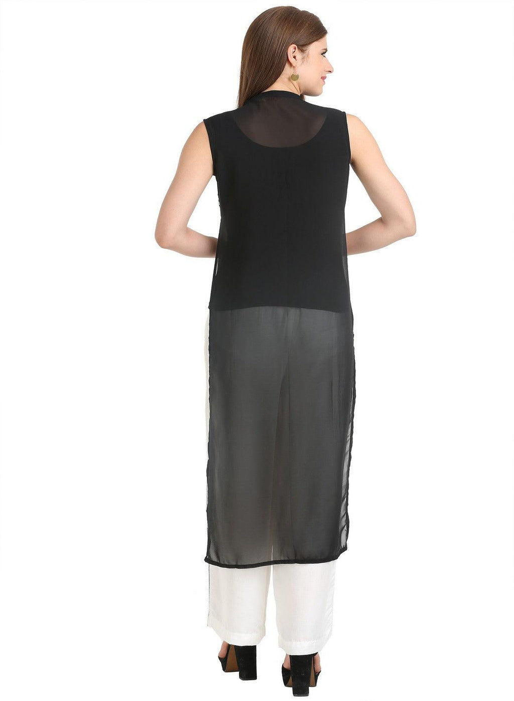 W for Woman White & Black Sleeveless Printed Gillet | Grocsy
