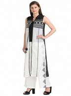 W for Woman White & Black Sleeveless Printed Gillet | Grocsy