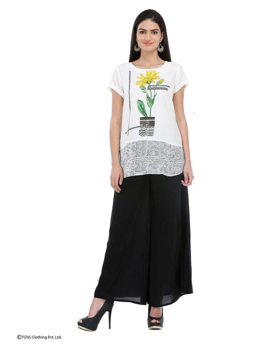 W for Woman White Printed Short Sleeve Top | Grocsy