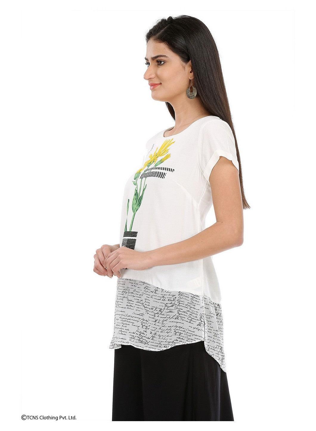 W for Woman White Printed Short Sleeve Top | Grocsy