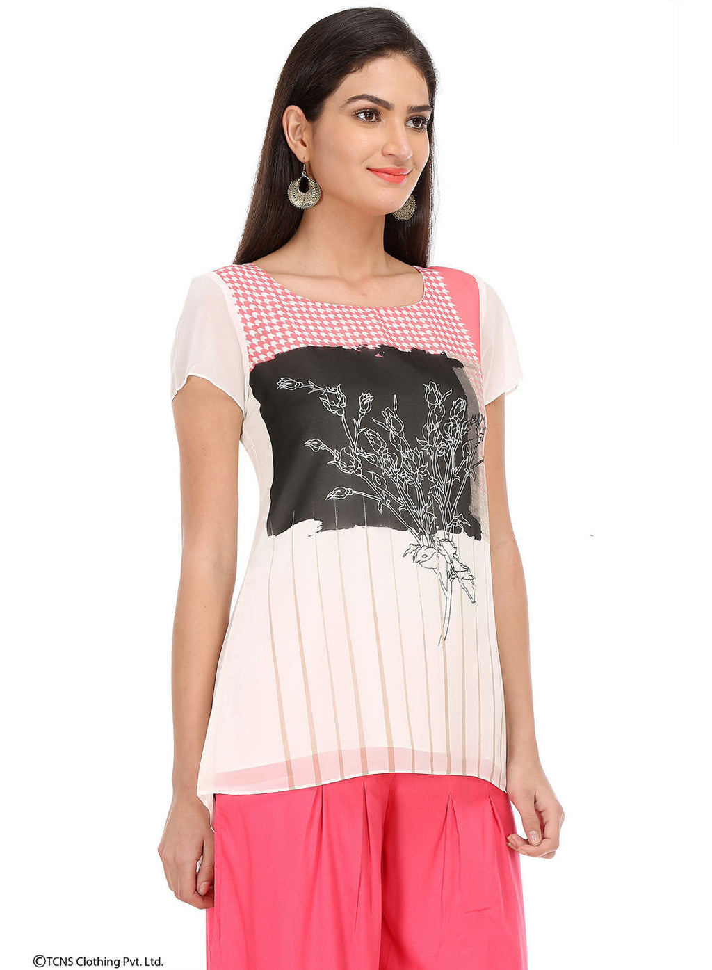 W for Woman White Printed Short Sleeve Top | Grocsy