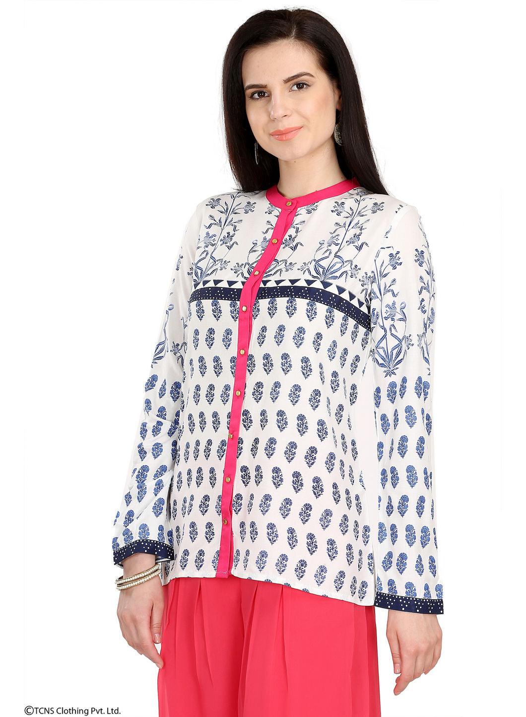 W for Woman White Printed Full Sleeve Top | Grocsy