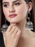 NVR Women's Silver Plated Pearl Beaded Oxidised Contemporary Jhumka Earrings | Grocsy