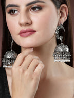 NVR Women's Silver Plated Pearl Beaded Oxidised Contemporary Jhumka Earrings | Grocsy