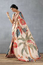 Partywear Designer Cream Bright Moss Fancy Saree - Durga | Grocsy