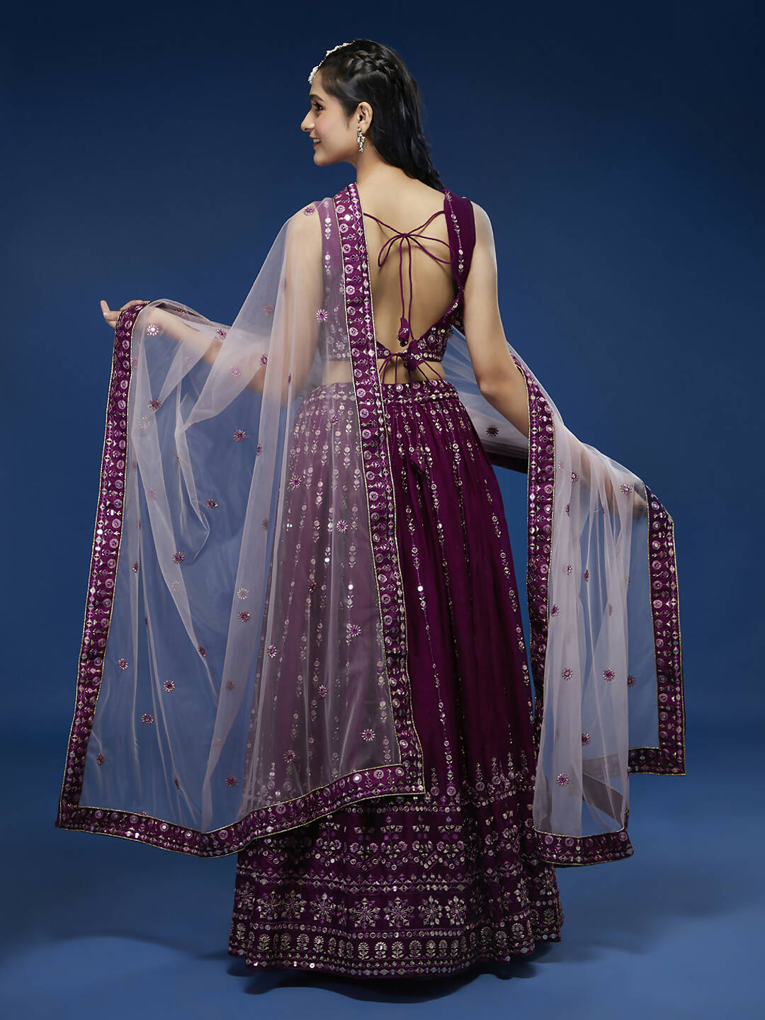 House of Panchhi Women Burgundy Pure Georgette Sequinse Embroidered Lehenga & Blouse, Dupatta | Grocsy