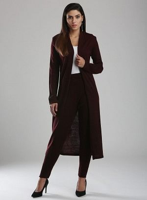 W for Woman Maroon Open Cardigan | Grocsy