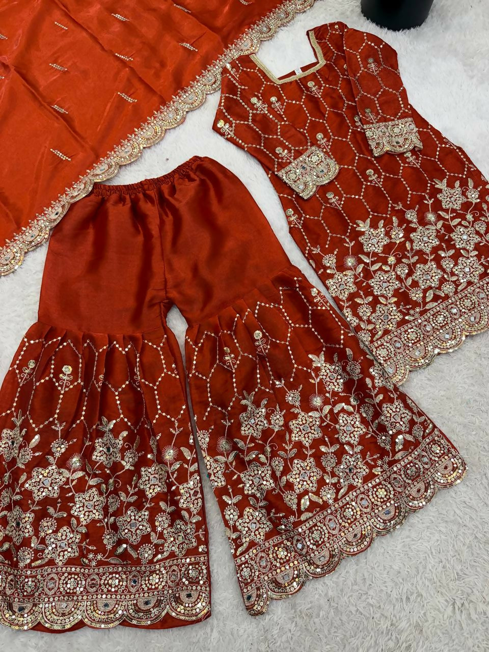 Teeya Creation New Trendy Latest Designer Embroidery Sharara Kurta Set -Orange | Grocsy