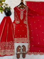 Teeya Creation Red Color Fendy Silk Embroidery Work Wedding Wear Salwar Suit | Grocsy