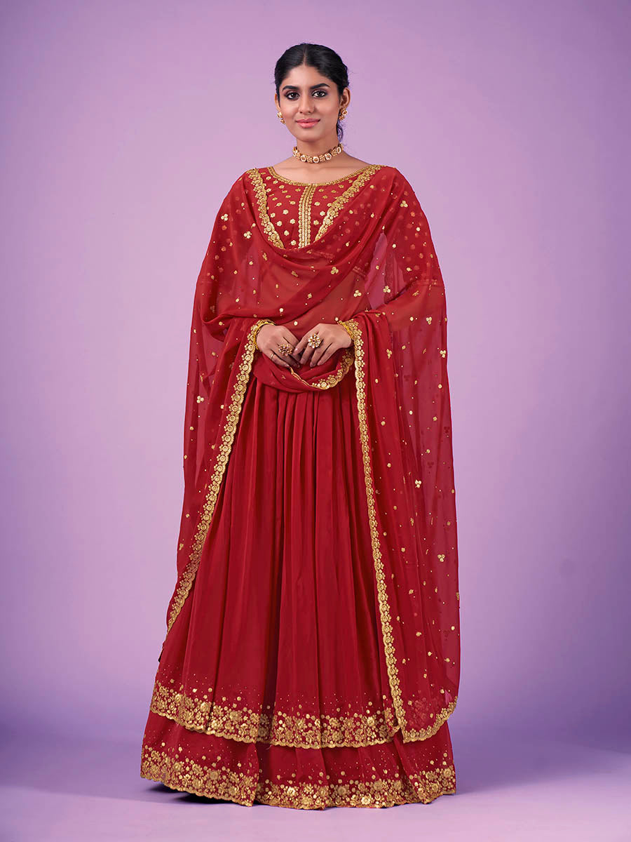 Myra Red Georgette Embroidered Designer Lehenga | Grocsy