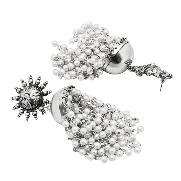 Tehzeeb Creations Women's Silver Colour Oxidised Earrings With White Pearl | Grocsy