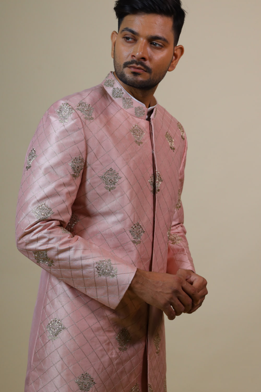 Light Coral Embroidered Designer Men's Sherwani by Hilo Design | Grocsy