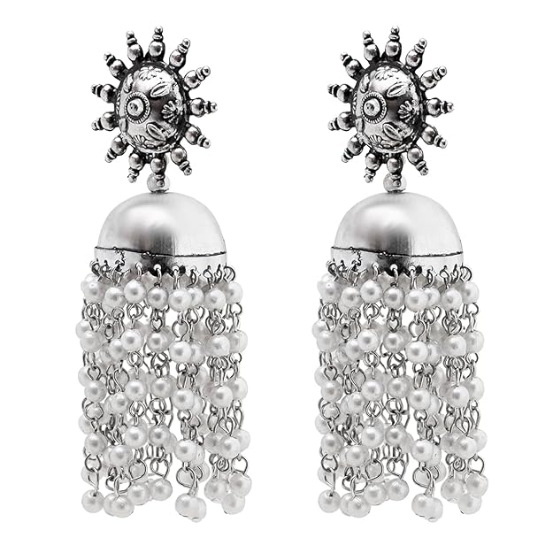 Tehzeeb Creations Women's Silver Colour Oxidised Earrings With White Pearl | Grocsy