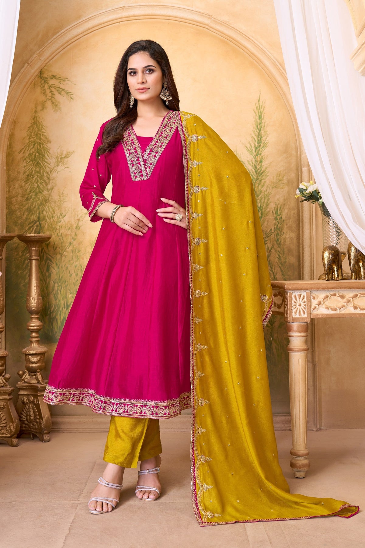 Anaita Pink Yellow Anarkali Readymade Suit with Embroidery Work | Grocsy