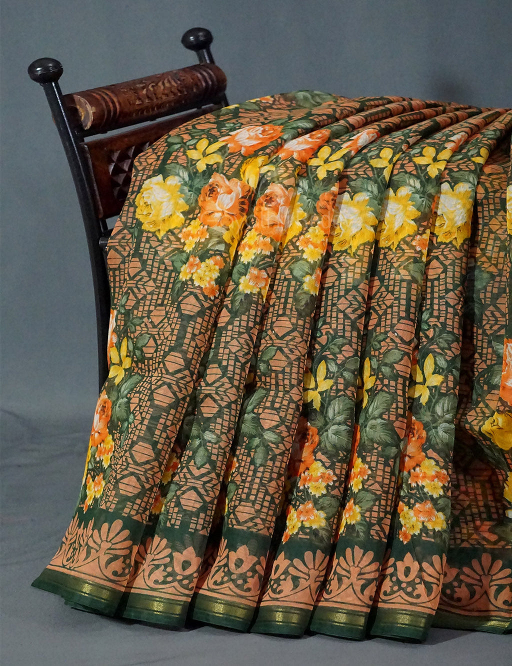 Shades of Green Colour Floral Design Semi Chanderi Saree By Gayathri Reddy Designer Studio | Grocsy