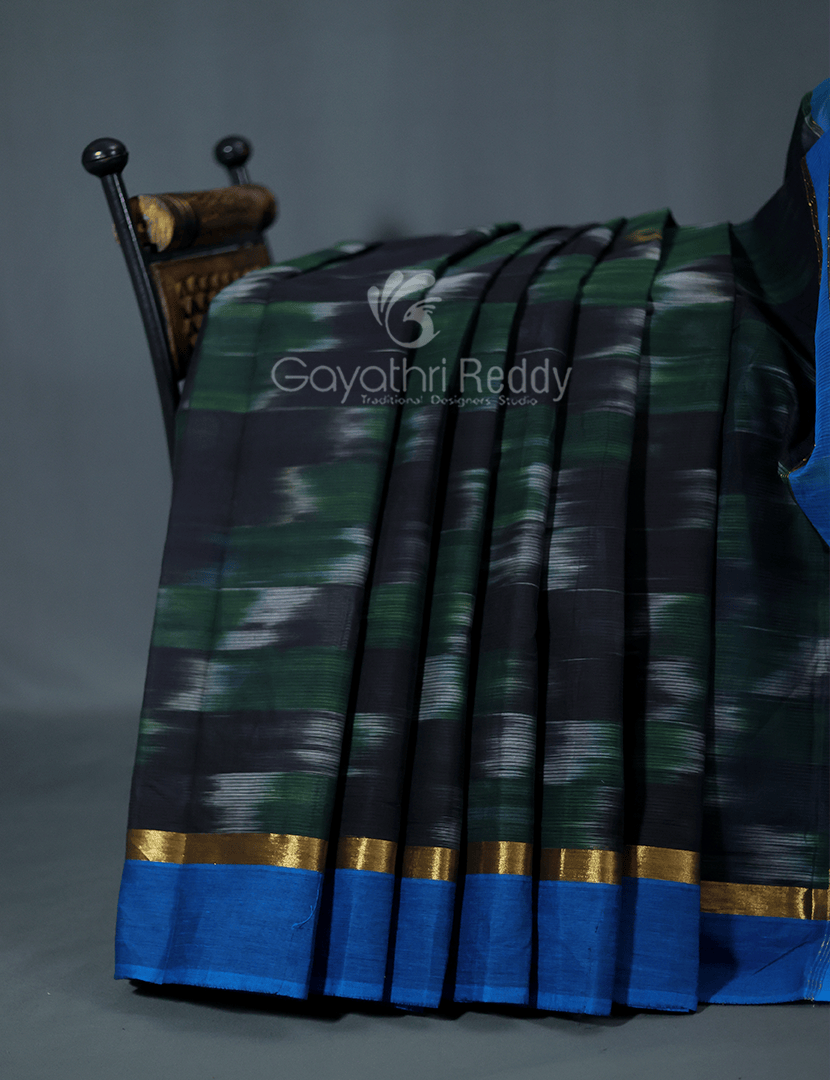 Dual Shades of Black And Bottle Green Mangalagiri Ikkat Cotton Saree By Gayathri Reddy Designer Studio | Grocsy