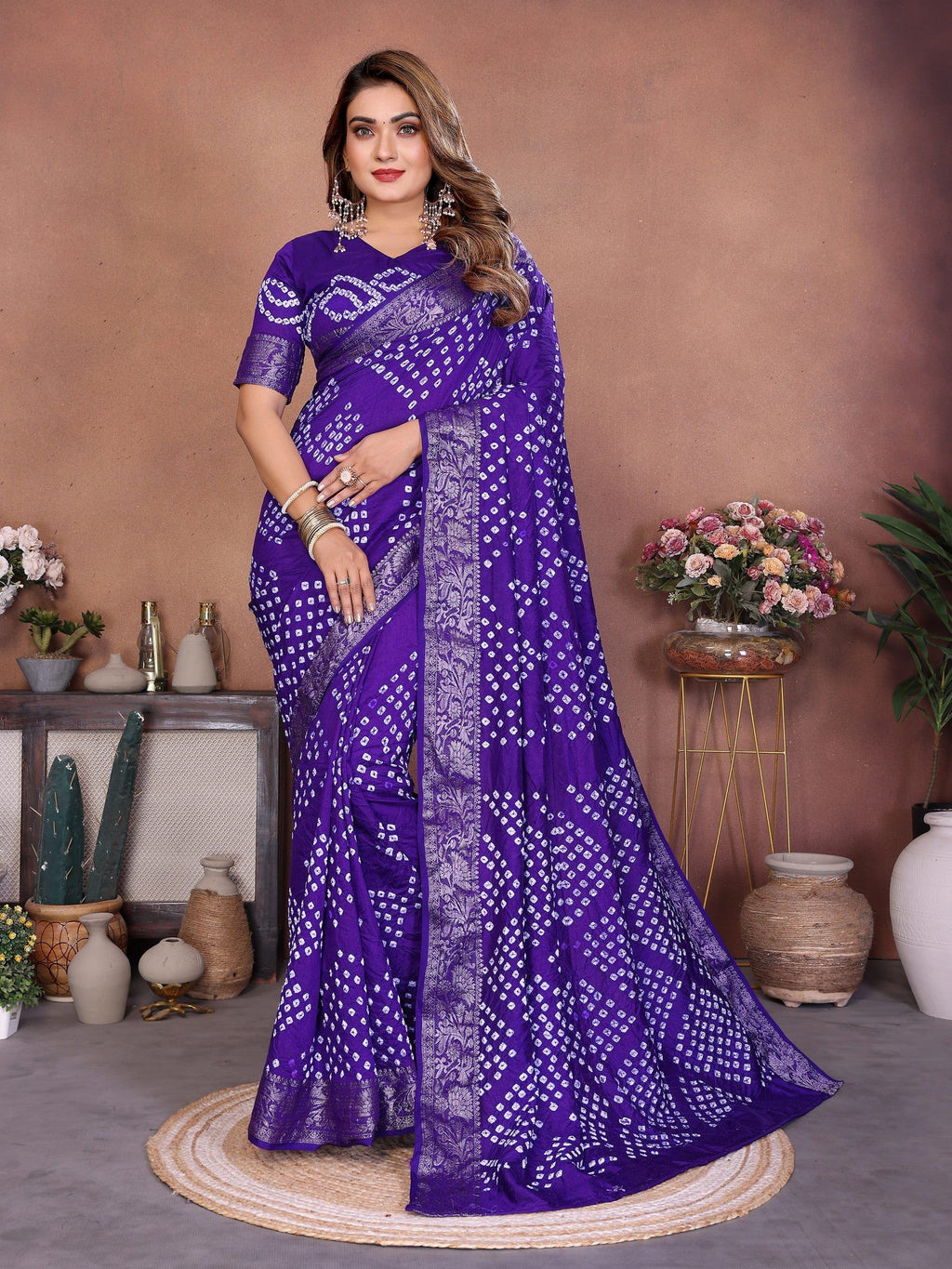 Anaita Blue Handmade Bandhej Viscose Silk Saree With Blouse | Grocsy