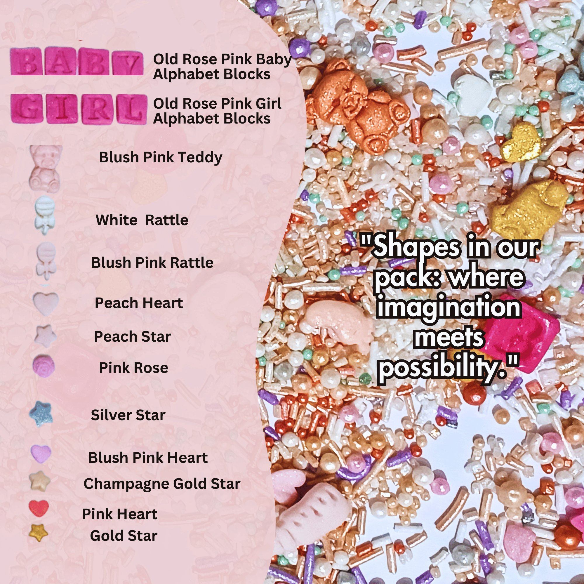 Confect Girls Baby Shower Sprinkles | Mix Silver, Gold & Blush pink Sprinkles Pack of 5 | Grocsy