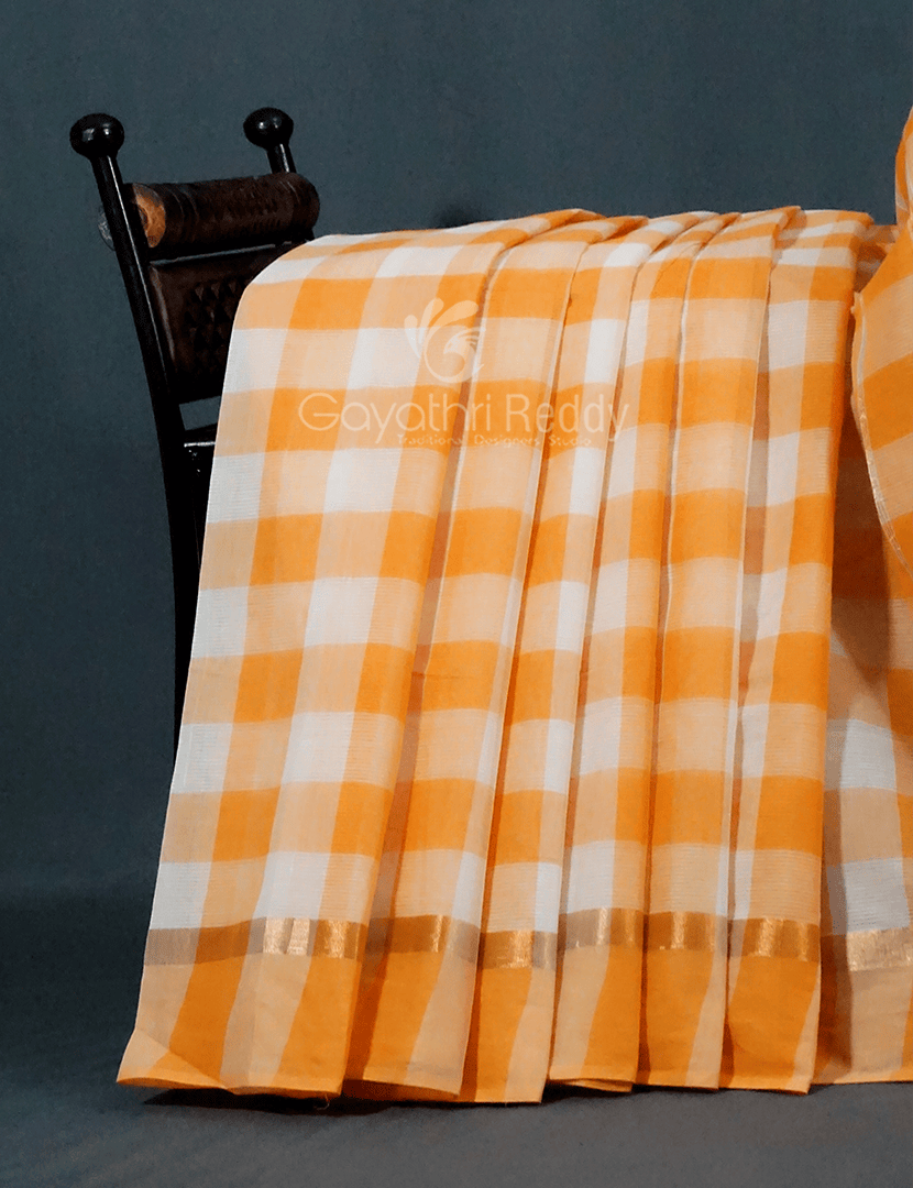 Cream And Orange Coloured With Checks Pure Mangalgiri Cotton Saree By Gayathri Reddy Designer Studio | Grocsy