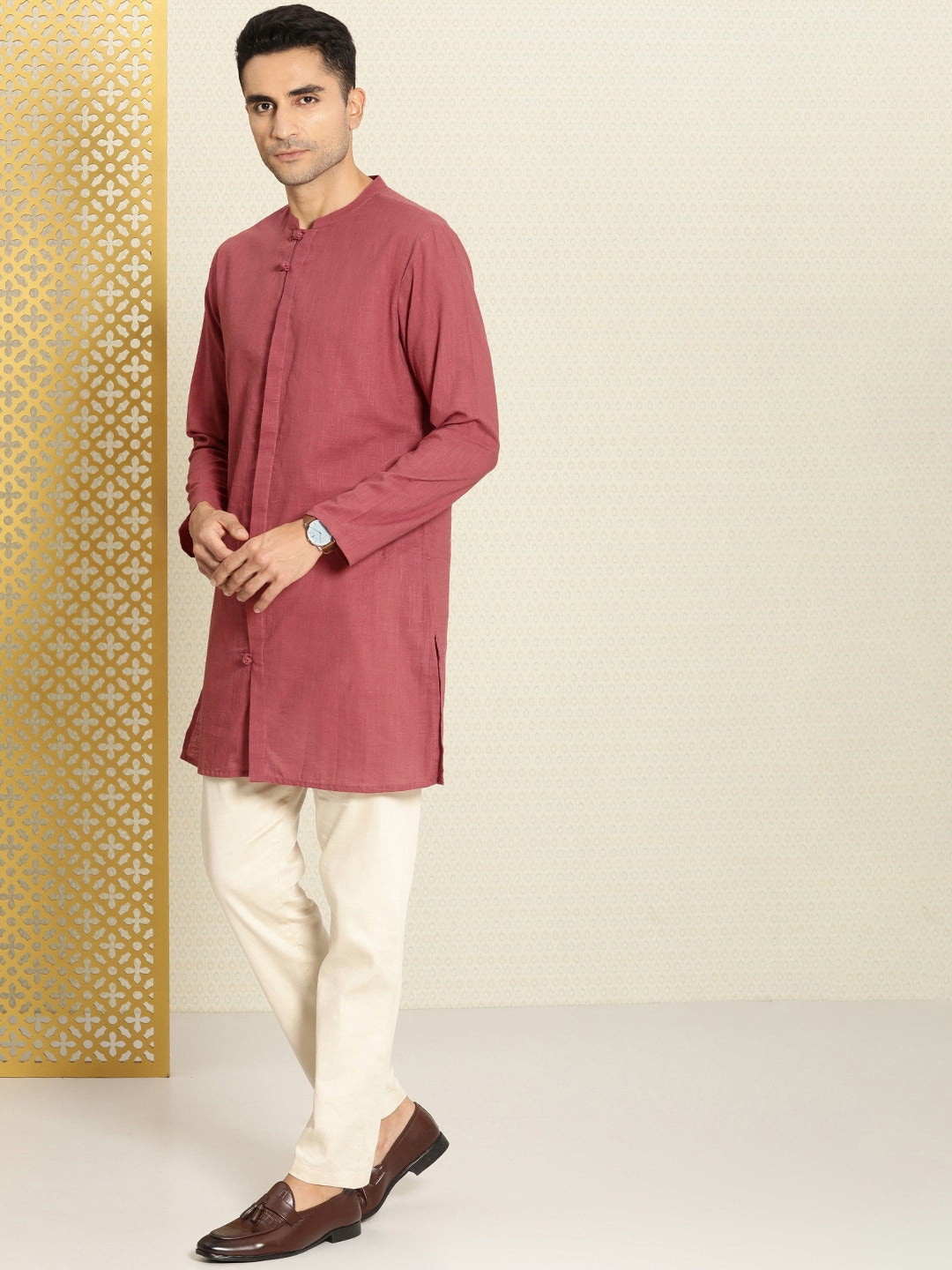 House of Pataudi Men Pure Cotton Solid Straight Mandarin Collar Rozana Kurta | Grocsy