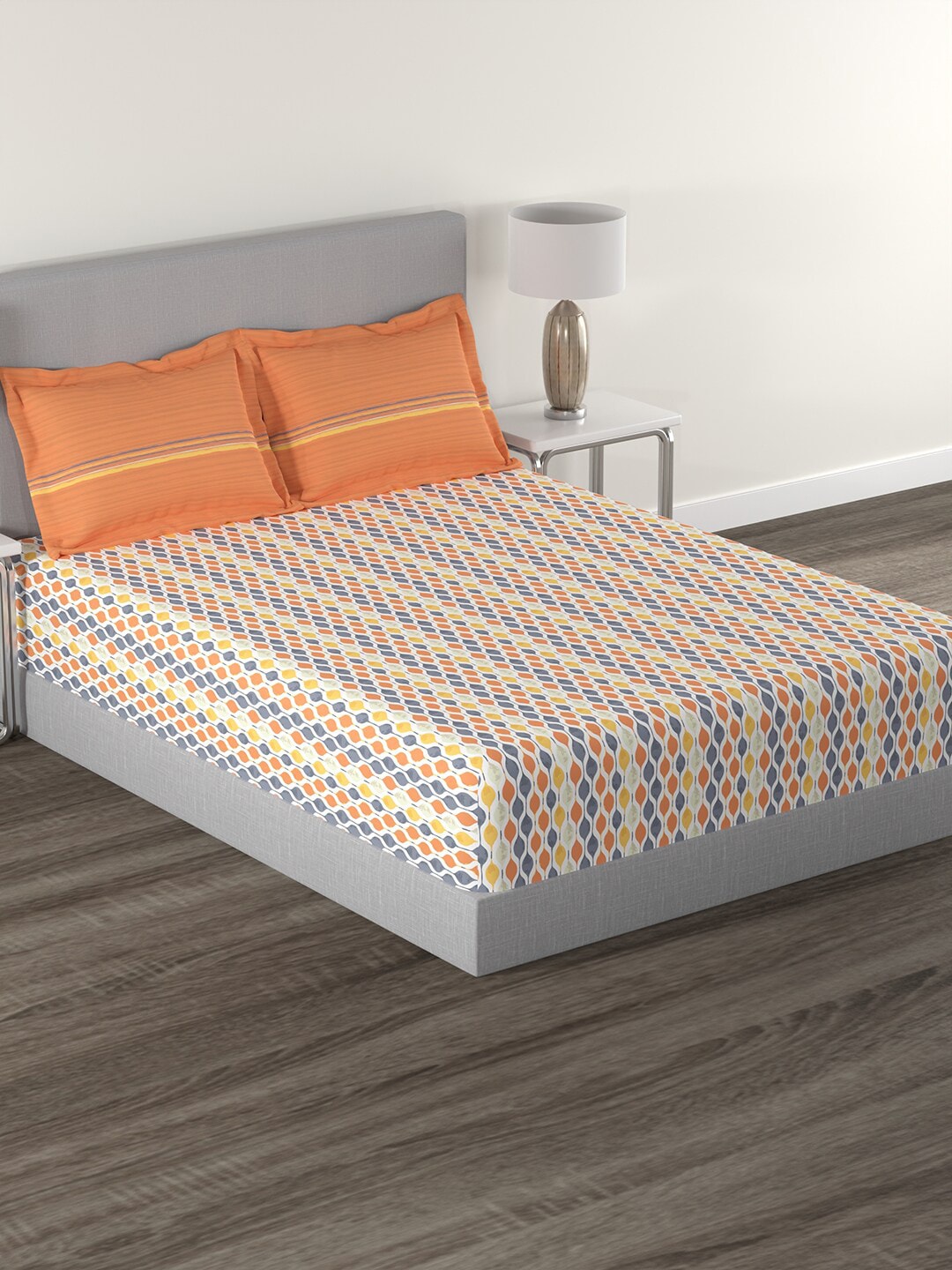 MYTRIDENT Orange White Geometric Cotton 144 TC Queen Bedsheet With 2 Pillow Covers | Grocsy