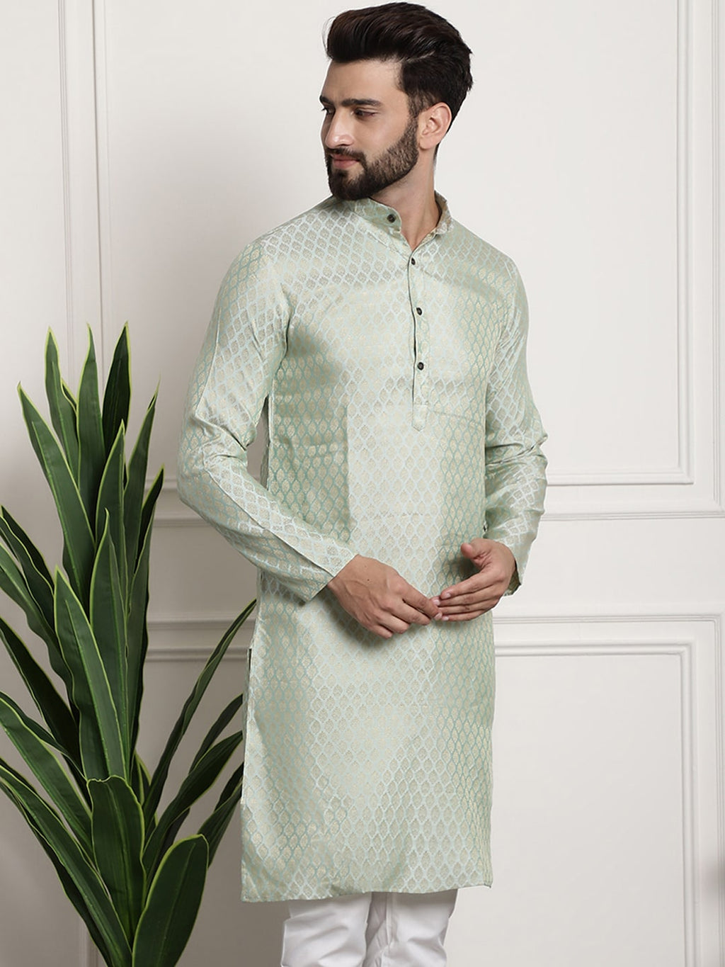Sojanya Men Green & Beige Ethnic Motifs Jacquard Woven Design Straight Kurta | Grocsy
