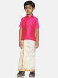 Sethukrishna Boys Pink & Cream-Coloured Solid Shirt and Veshti Set | Grocsy