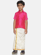 Sethukrishna Boys Pink & Cream-Coloured Solid Shirt and Veshti Set | Grocsy