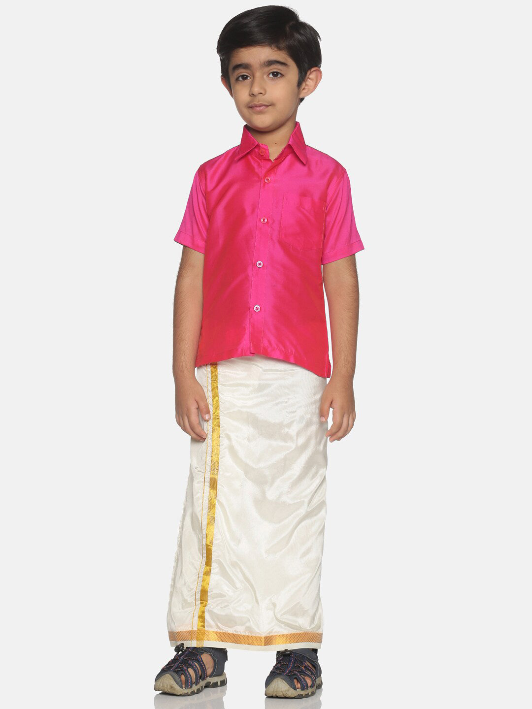 Sethukrishna Boys Pink & Cream-Coloured Solid Shirt and Veshti Set | Grocsy