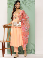 HERE&NOW Women Floral Yoke Design Pleated Thread Work Kurta with Trousers & Dupatta | Grocsy