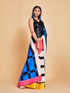 Sangria Blue & Black Striped Satin Ready to Wear Saree | Grocsy