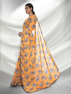 Yellow Georgette Animal Printed Saree With Unstitched Blouse Piece - Rajal | Grocsy