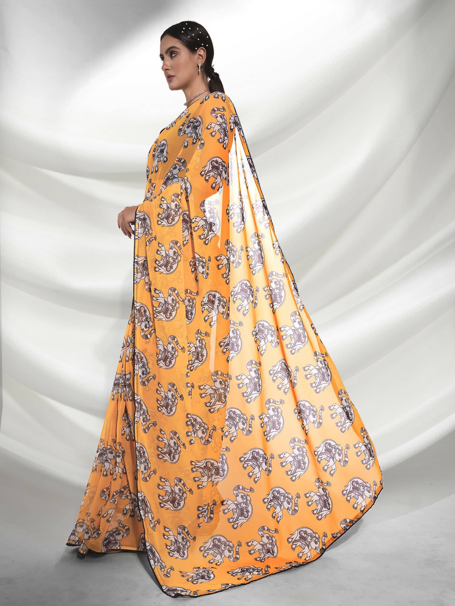 Yellow Georgette Animal Printed Saree With Unstitched Blouse Piece - Rajal | Grocsy