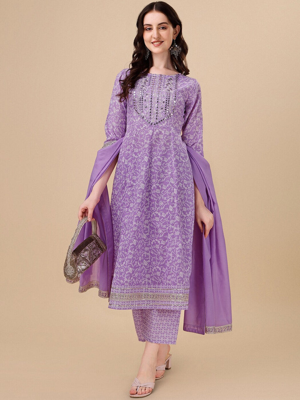 HERE&NOW Purple Floral Printed Pure Cotton A-Line Kurta & Trousers With Dupatta | Grocsy