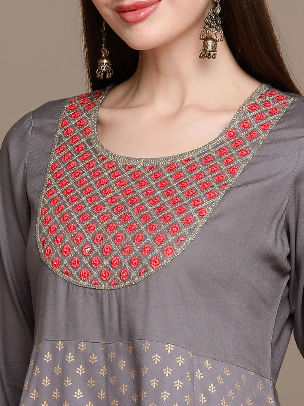 HERE&NOW Ethnic Motifs Embroidered Anarkali Kurta with Trousers & Dupatta | Grocsy