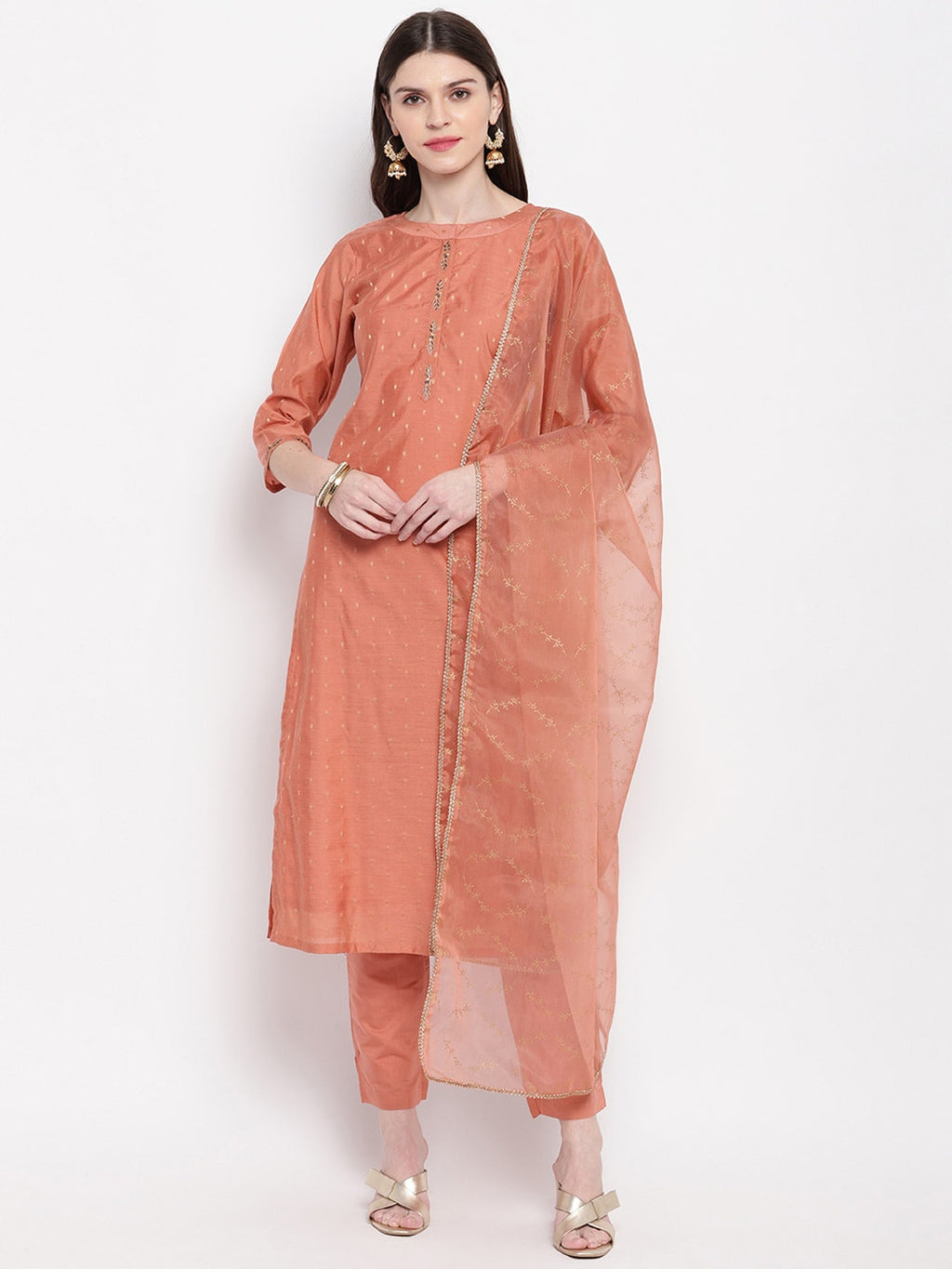 Janasya Women Peach-Coloured Self Design Kurta with Trousers & Dupatta | Grocsy