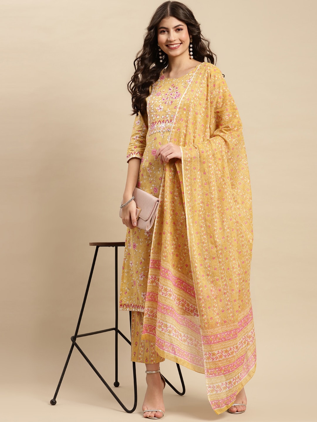 Sangria Yellow & Pink Floral Printed Pure-Cotton Straight Kurta With Trouser & Dupatta | Grocsy