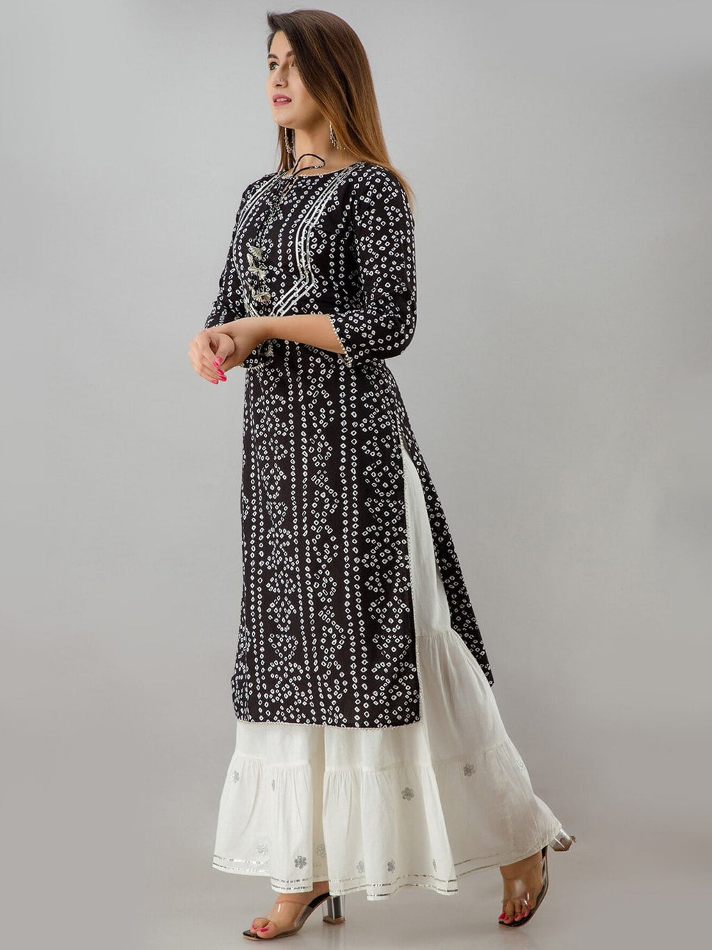 HERE&NOW Black Bandhani Printed Gotta Patti Kurta with Sharara | Grocsy