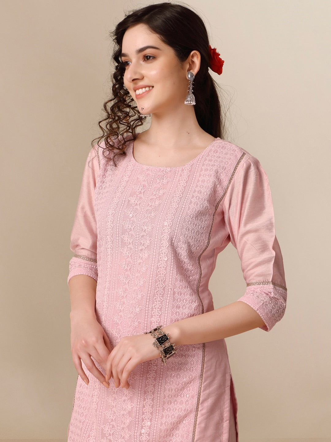 HERE&NOW Lucknowi Chikankari Schiffli Chanderi Silk Kurta Trousers with Organza Dupatta | Grocsy