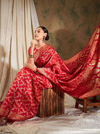 Sangria Red Floral Woven Design Zari Kanjeevaram Saree | Grocsy