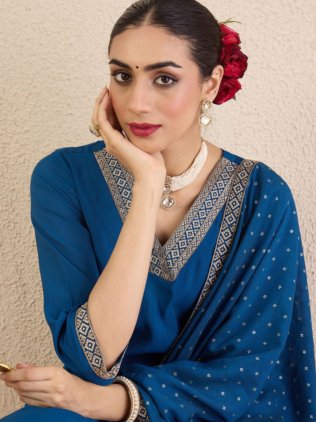 Indo Era Ethnic Motifs Embroidered Regular V-Neck Straight Kurta With Trousers & Dupatta | Grocsy