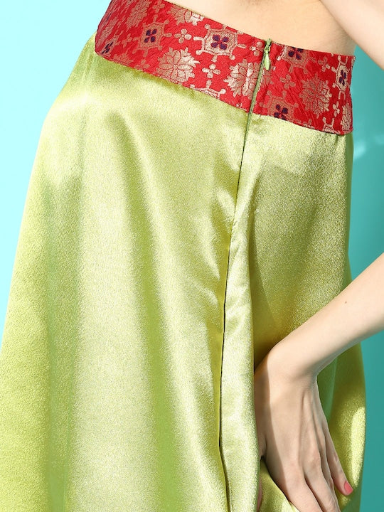 InWeave Women's Olive Red Brocade Satin Oneshoulder Kurta Set | Grocsy