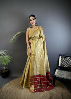 Joban Fashion Ivory Bhagalpuri Cotton Silk Stripes/Box Saree | Grocsy
