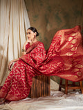 Sangria Red & Gold-Toned Floral Woven Design Zari Banarasi Saree | Grocsy