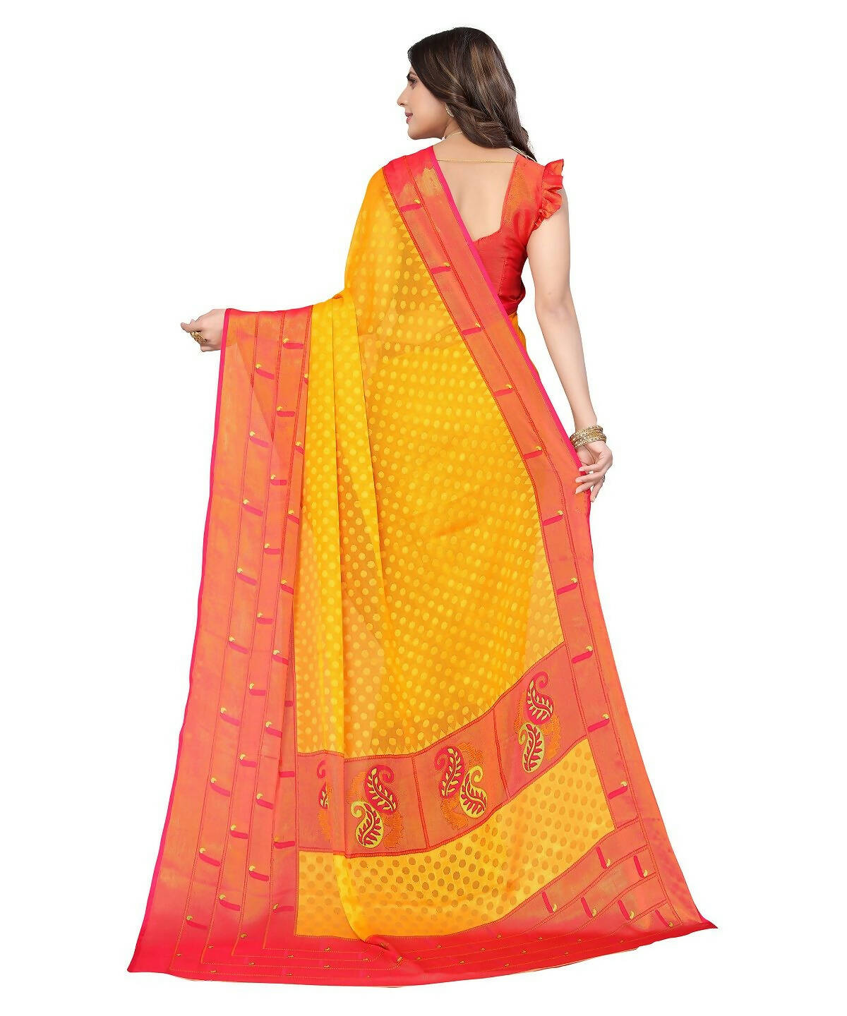 Vamika Yellow Chiffon Brasso Bollywood Style Woven Saree (DIMPLE YELLOW) | Grocsy