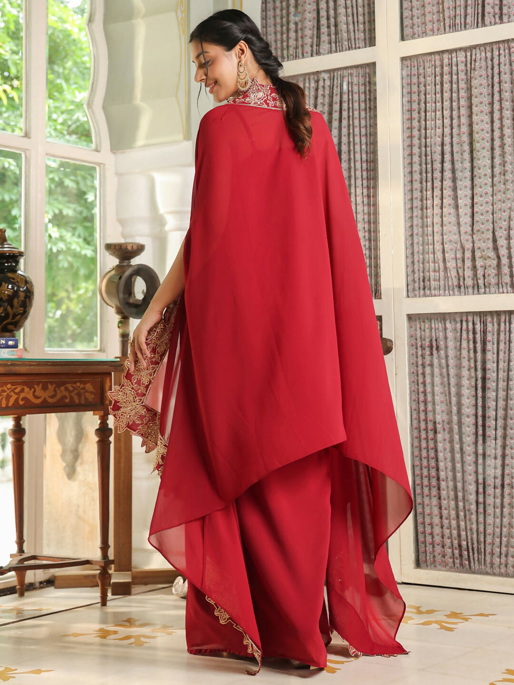 Janasya Maroon Georgette Solid Top Bottom Cape | Grocsy